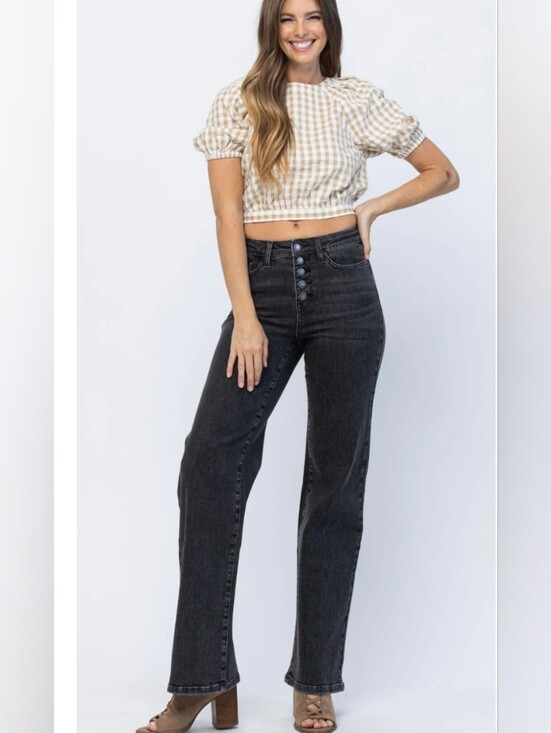 Judy Blue Denim - Judy Blue Nellie High Rise Button Fly Trouser Wide Leg Jeans Size 11 / 30 Black